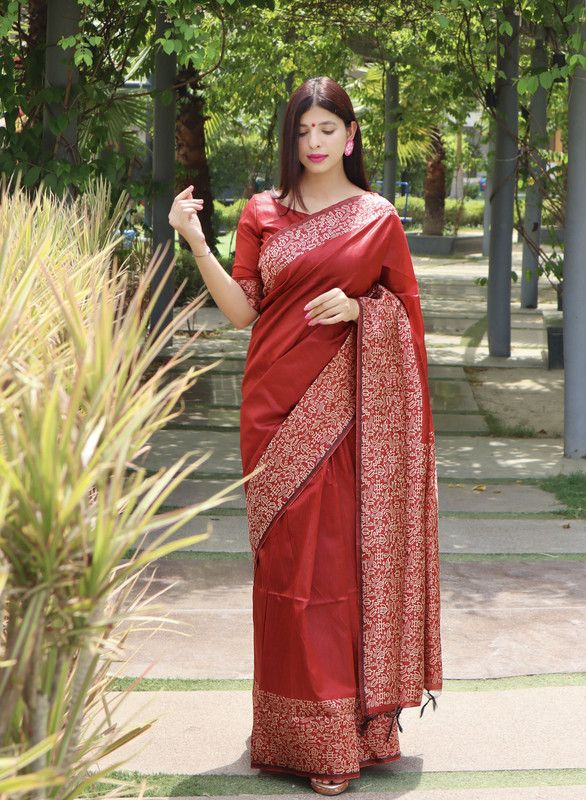 Printed Fashion Jacquard, Pure Silk Saree  (Red)
