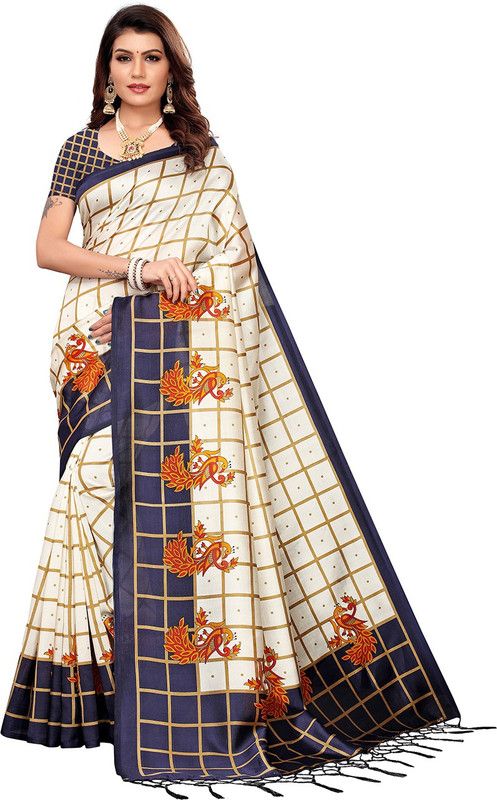Checkered Mysore Silk Blend Saree  (Cream)