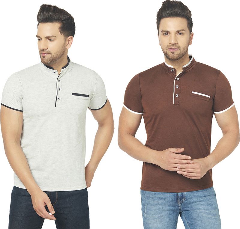 Pack of 2 Henley T-shirt Combo Half Sleeve Men Solid Henley Neck Cotton Blend White T-Shirt