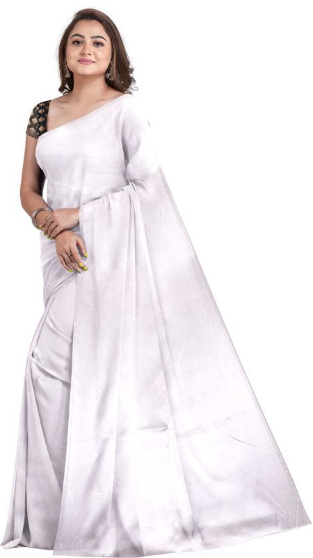 Solid Daily Wear Satin Saree  (White)