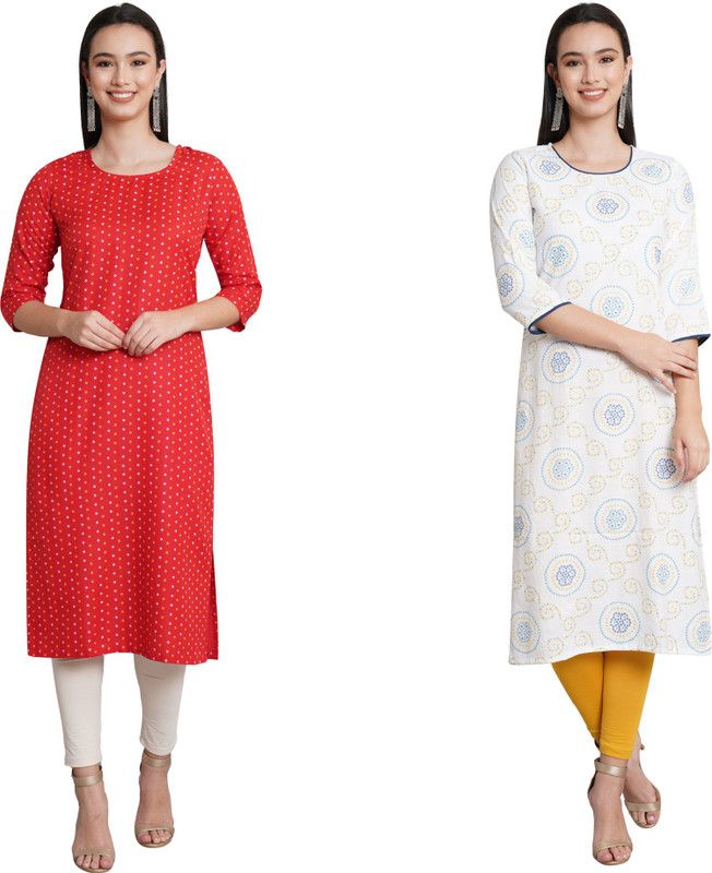 Women Kurta  (Red, White)