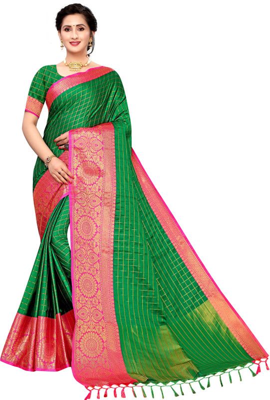 Self Design, Color Block, Temple Border, Ombre, Woven, Solid/Plain Dharmavaram Jacquard, Cotton Silk Saree  (Green)