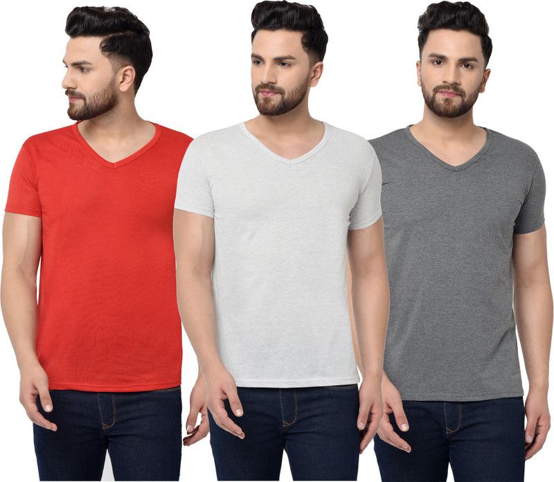 Pack of 3 V neck Combo T-shirts Multicolor Men Solid V Neck Cotton Blend Red, White, Grey T-Shirt