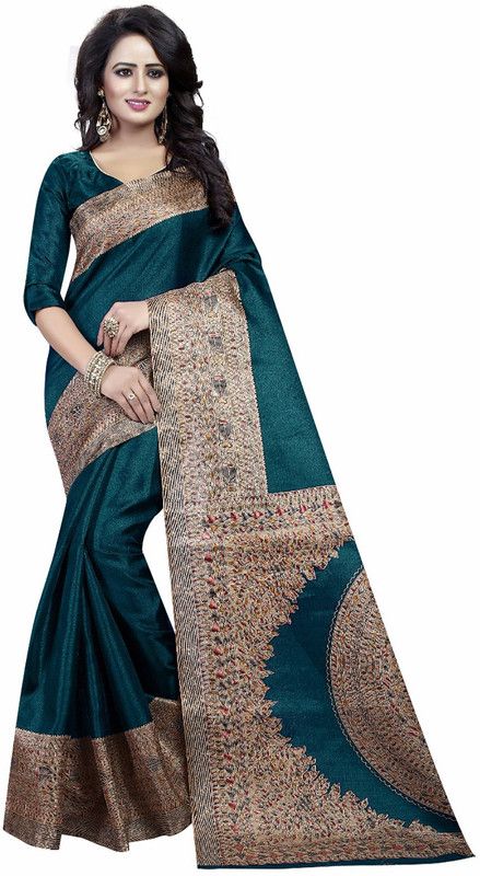 Printed Kalamkari Art Silk Saree  (Blue)