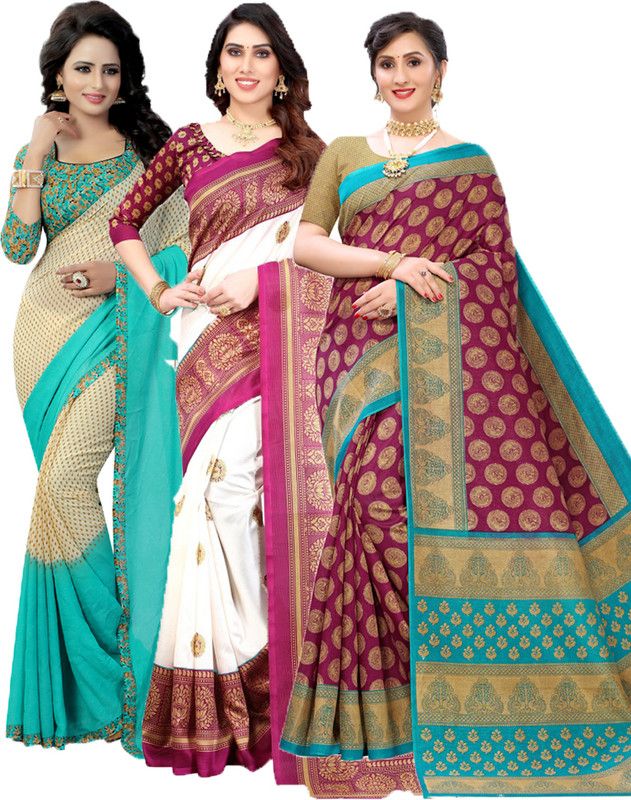 Printed Bollywood Georgette Saree  (Pack of 3, Light Green, Purple, Maroon)