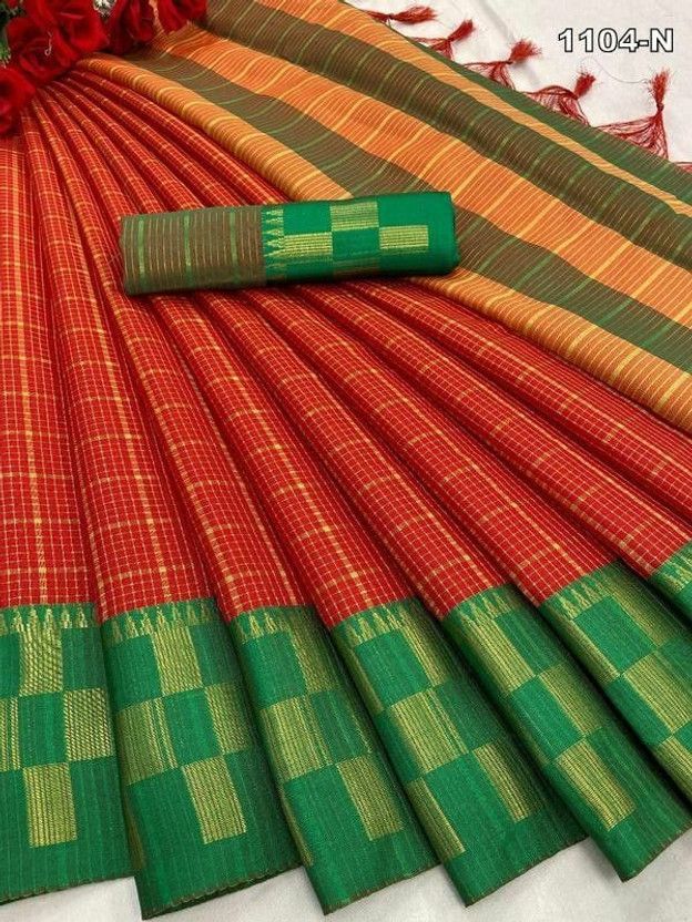 Striped, Checkered, Woven, Temple Border Daily Wear Cotton Silk, Jacquard Saree  (Red, Green)