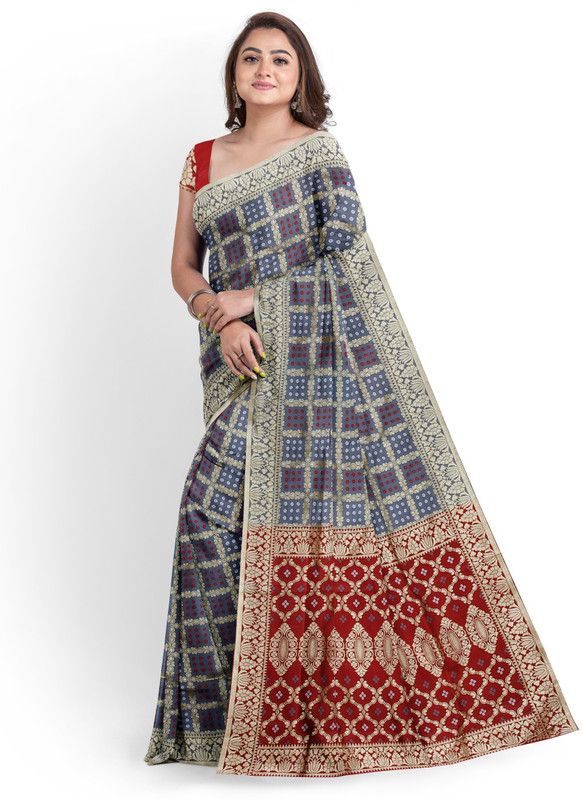 Checkered Bandhani Cotton Silk Saree  (Maroon, Grey)
