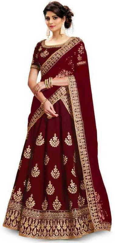 Embroidered, Self Design, Solid, Embellished Semi Stitched Lehenga Choli  (Maroon)