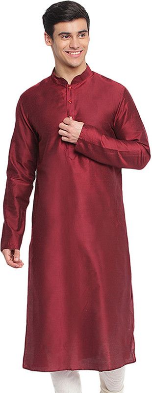 Men Solid Cotton Silk Straight Kurta  (Maroon)