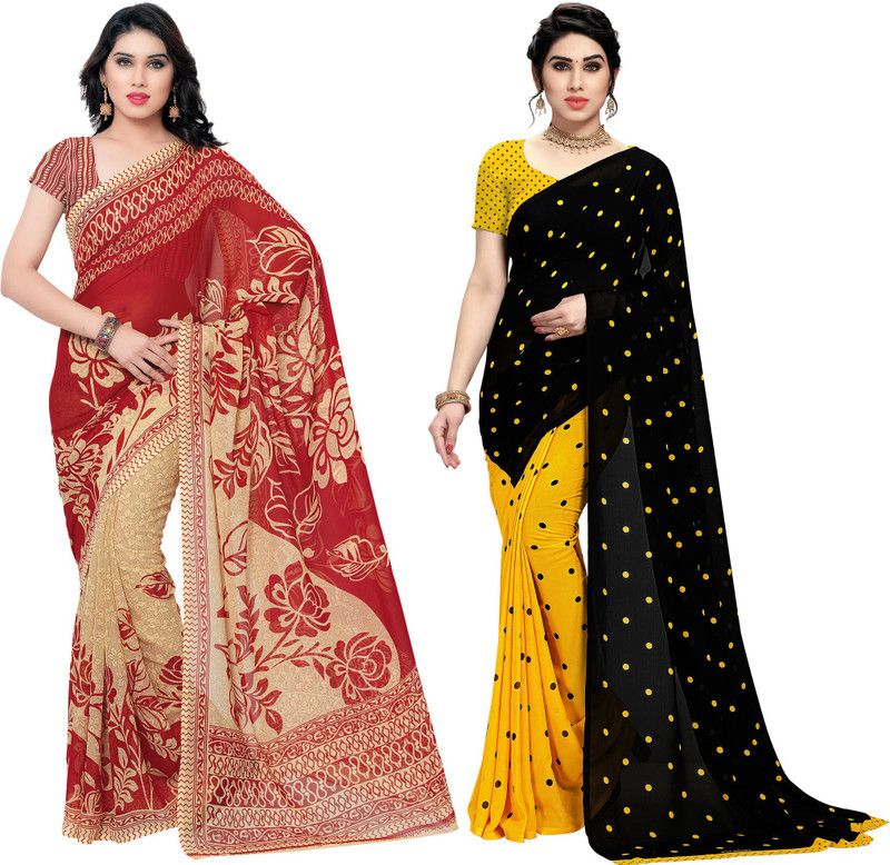 Printed, Graphic Print, Polka Print Daily Wear Georgette Saree  (Pack of 2, Red, Black, Beige, Yellow)