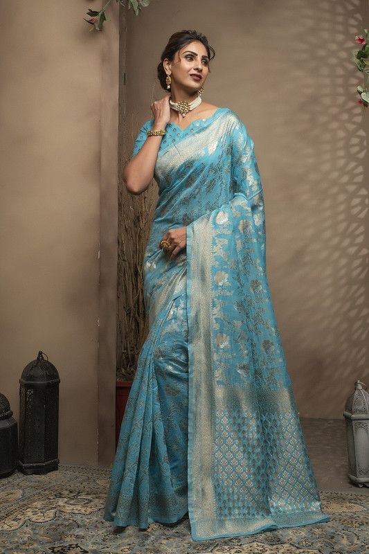 Woven Fashion Cotton Blend Saree  (Light Blue)