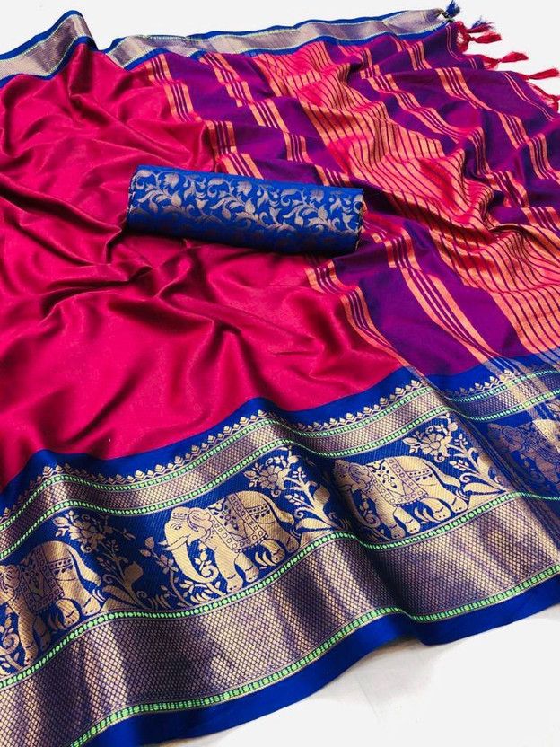 Printed, Temple Border, Woven, Embellished, Solid/Plain Banarasi Art Silk, Cotton Silk Saree  (Blue, Pink)