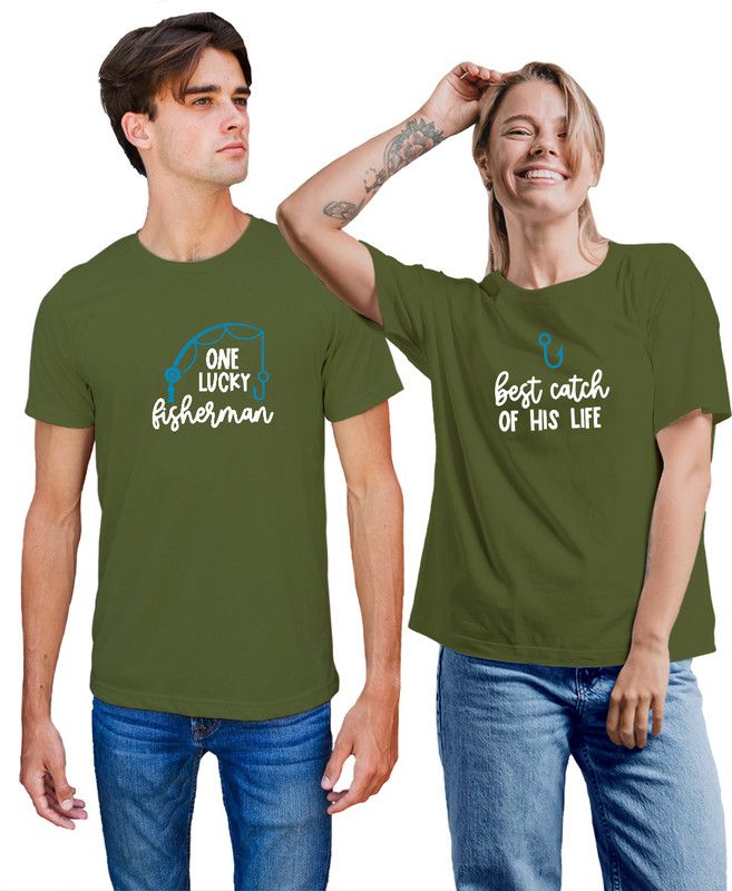 Couple Typography Round Neck Cotton Blend Green T-Shirt