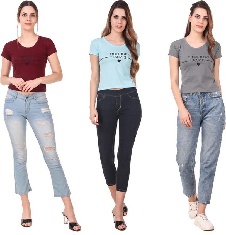 Pack of 3 Women Typography Round Neck Cotton Blend Light Blue, Maroon, Grey T-Shirt