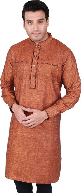 Men Solid Cotton Blend Pathani Kurta  (Orange)