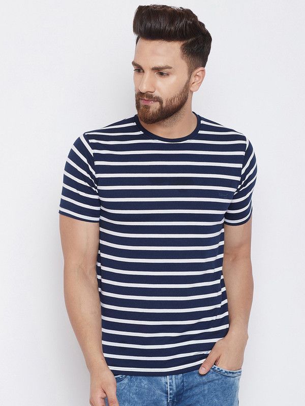 Men Striped Round Neck Cotton Blend Dark Blue, White T-Shirt