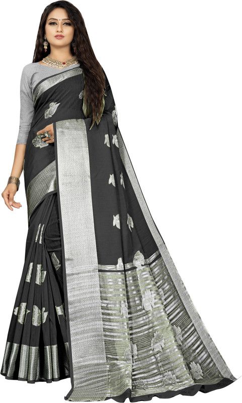 Woven Jamdani Linen Saree  (Black)