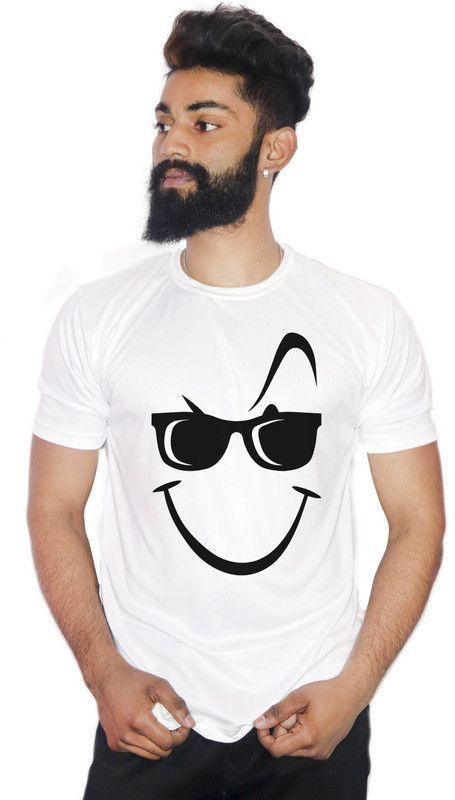 Smiley Cool Men Printed Round Neck Polyester White, Black T-Shirt