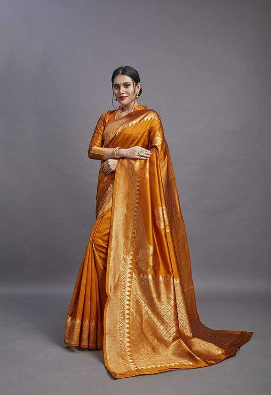 Woven Kanjivaram Jacquard, Pure Silk Saree  (Gold)