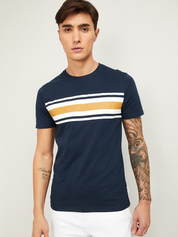 Men Striped Round Neck Cotton Blend Dark Blue, White, Yellow T-Shirt