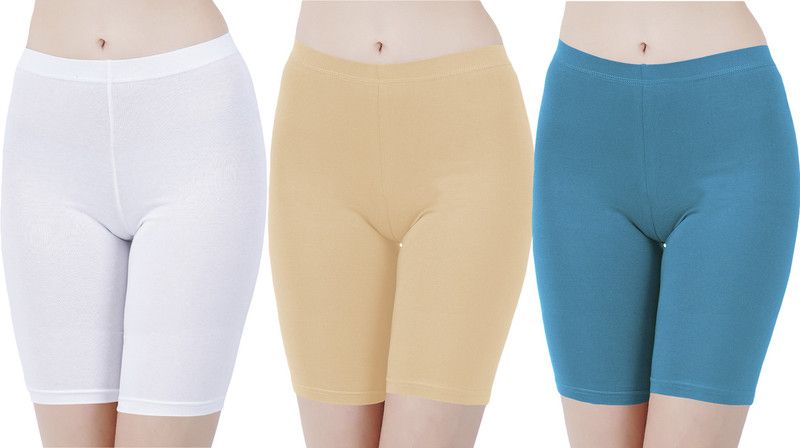 Pack of 3 Solid Women White, Beige, Blue Cycling Shorts