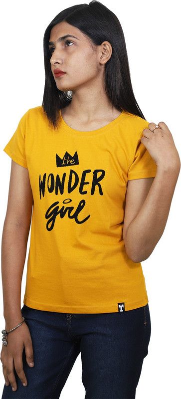 Wonder Girls Tees Women Printed Round Neck Cotton Blend Yellow T-Shirt