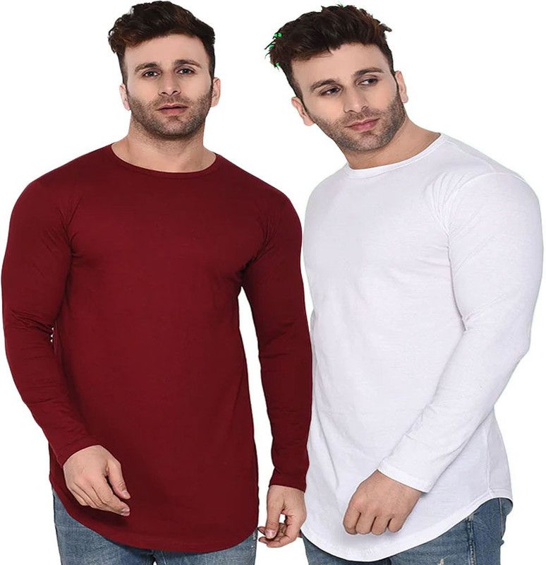 Pack of 2 Men Solid Round Neck Poly Cotton White, Maroon T-Shirt