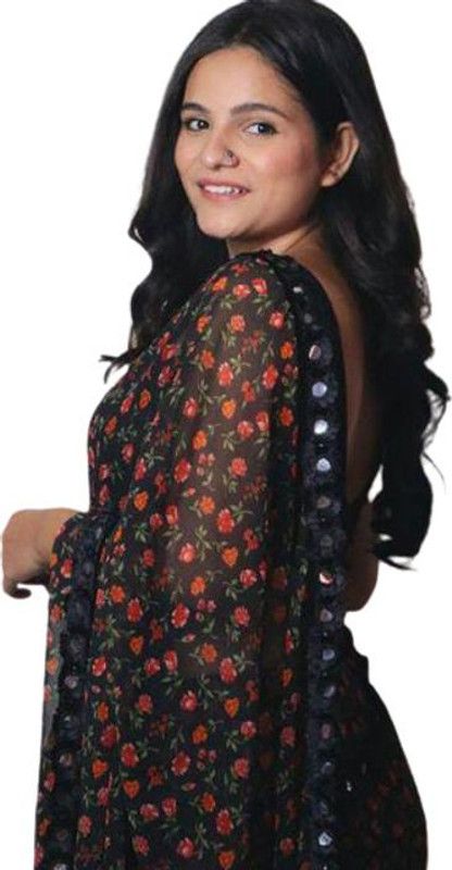 Printed Leheria Georgette Saree  (Black)