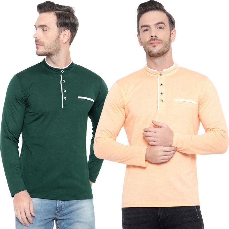 Pack of 2 Men Solid Mandarin Collar Cotton Blend Dark Green, Pink T-Shirt