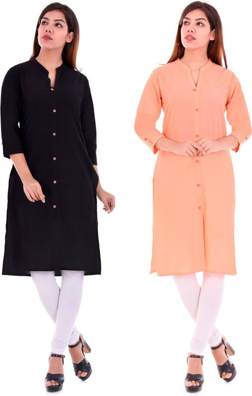 Pack of 2 Women Solid Pure Cotton Frontslit Kurta  (Black, Orange)