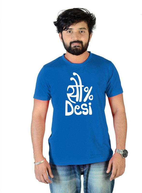 100% Desi Men Printed Round Neck Pure Cotton Blue T-Shirt