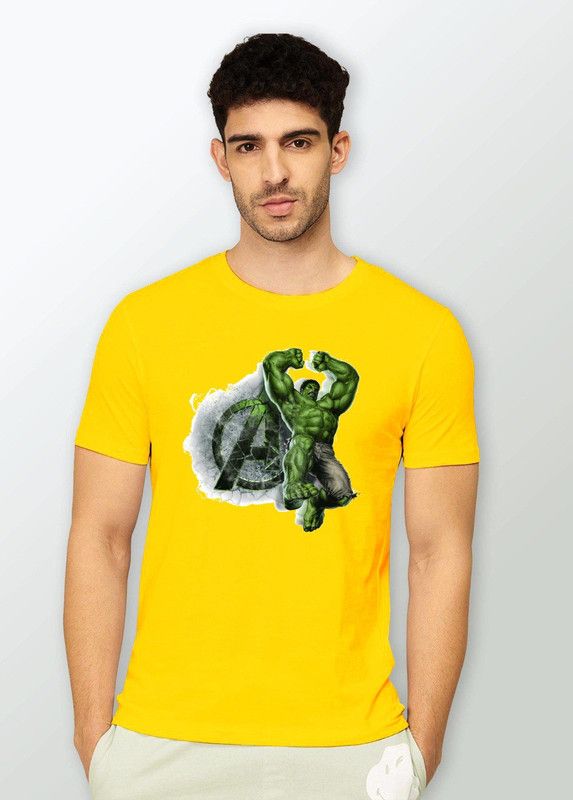 Men Superhero Round Neck Cotton Blend Yellow T-Shirt