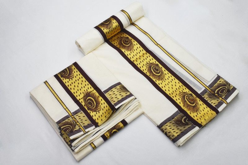 Color Block Kasavu Cotton Blend Saree  (Cream, Gold)