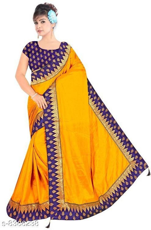 Chanderi Silk Blend Saree  (Yellow, Blue)