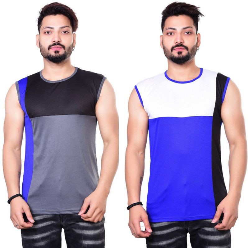 Pack of 2 Men Colorblock Round Neck Polyester Blue, Grey T-Shirt