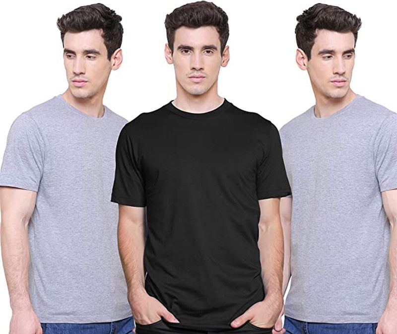 Solid Men Grey, Black T-Shirt  (Pack of 3)