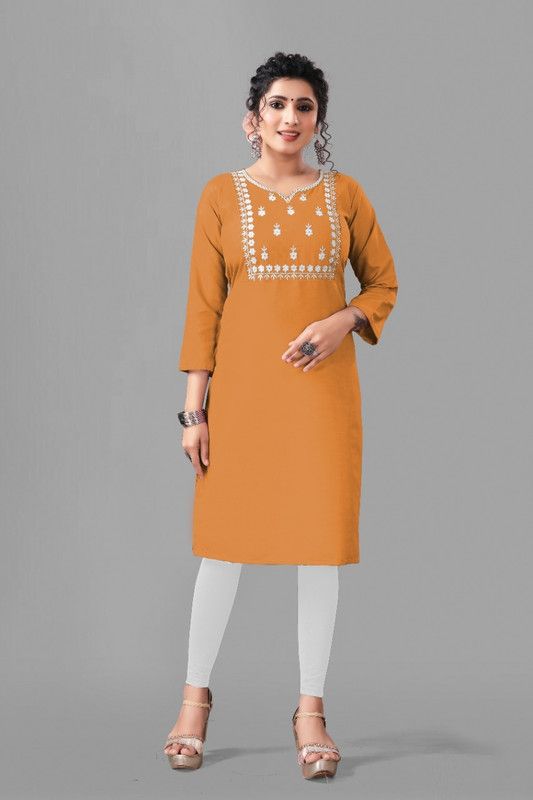 Women Embellished, Applique, Solid Cotton Blend Straight Kurta  (Yellow)
