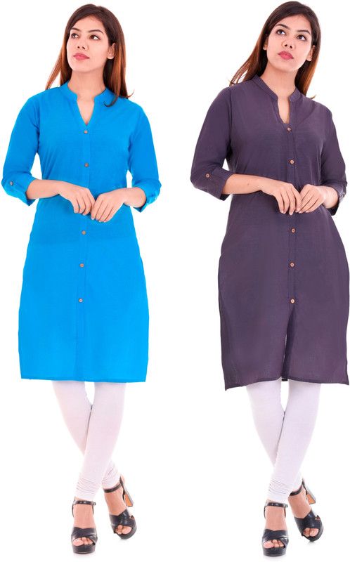 Pack of 2 Women Solid Pure Cotton Frontslit Kurta  (Purple, Blue)