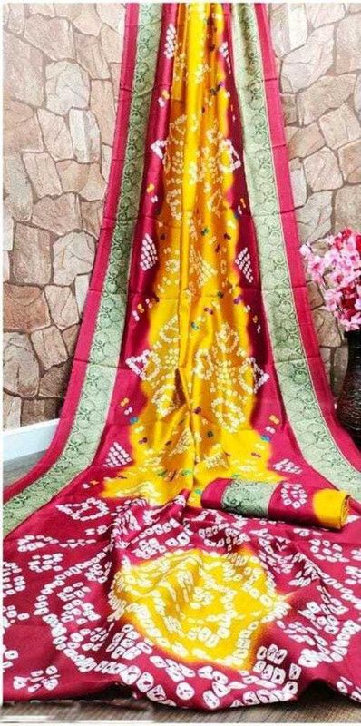 Floral Print Bandhani Art Silk Saree  (Yellow)