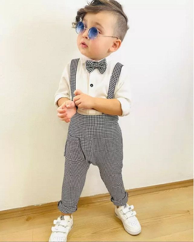 BHOOLKU Baby Boys & Baby Girls Party(Festive) Shirt Dungaree  (White)