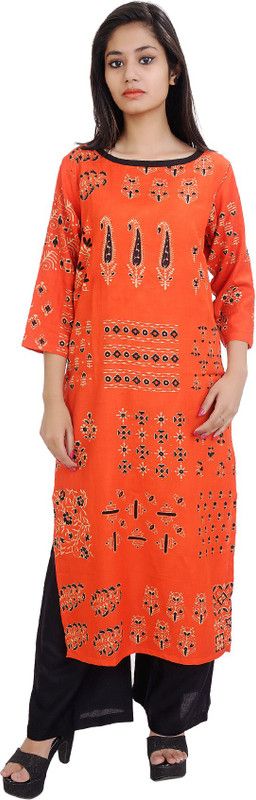 Women Embroidered Cotton Rayon Straight Kurta  (Brown, Orange)