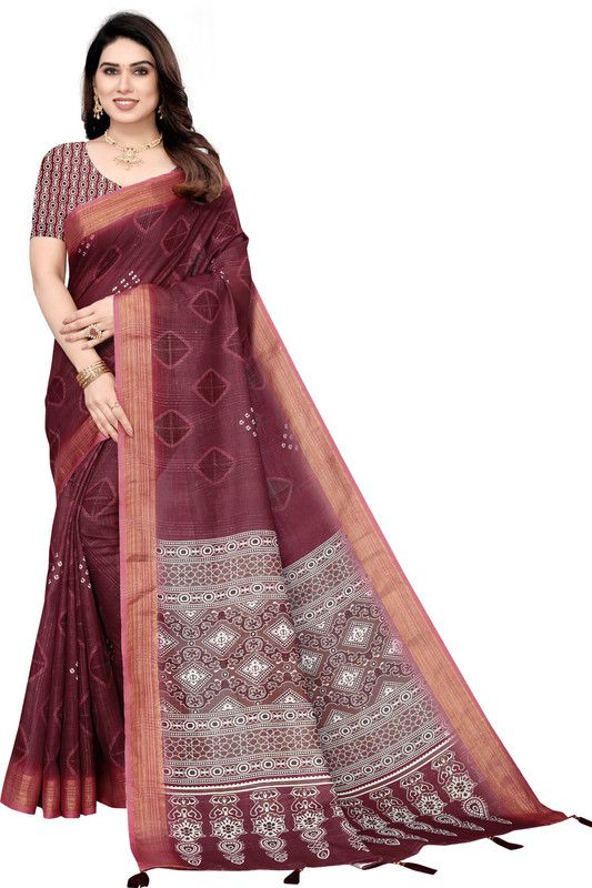 Printed, Self Design Banarasi Cotton Linen Saree  (Maroon)