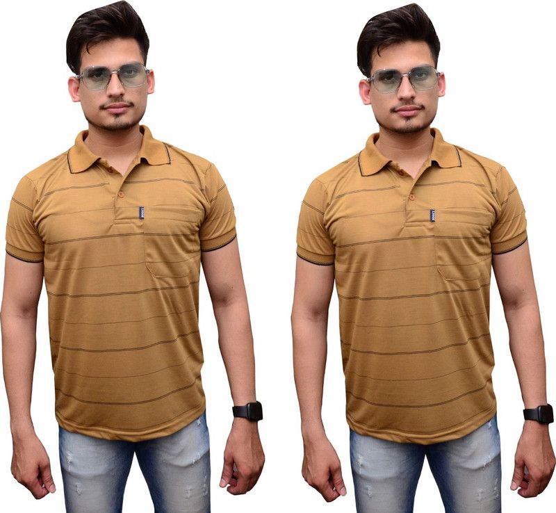 Striped Men Brown T-Shirt  (Pack of 2)