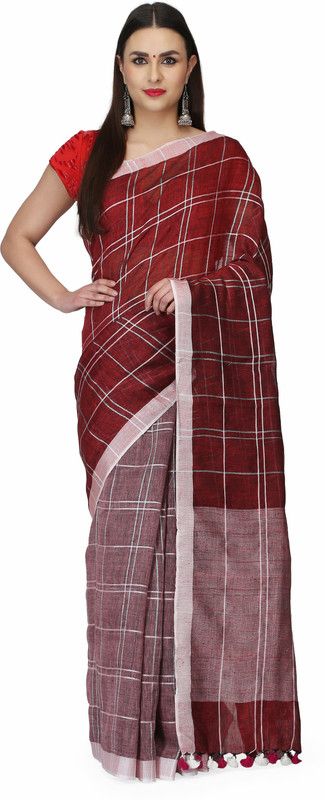 Checkered Daily Wear Cotton Linen Saree  (Maroon)
