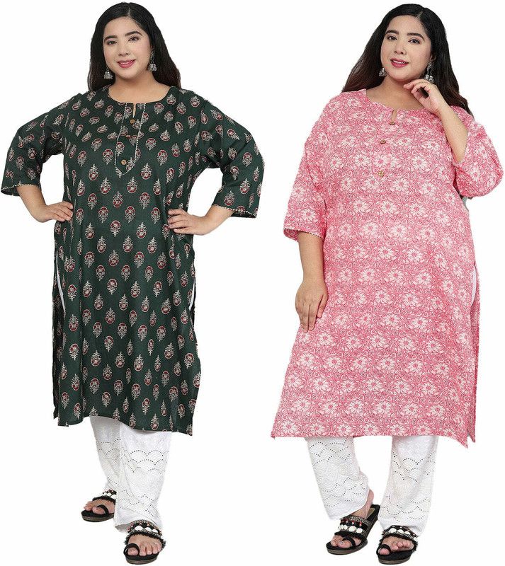 Pack of 2 Women Printed Pure Cotton Straight Kurta  (Green, Pink)