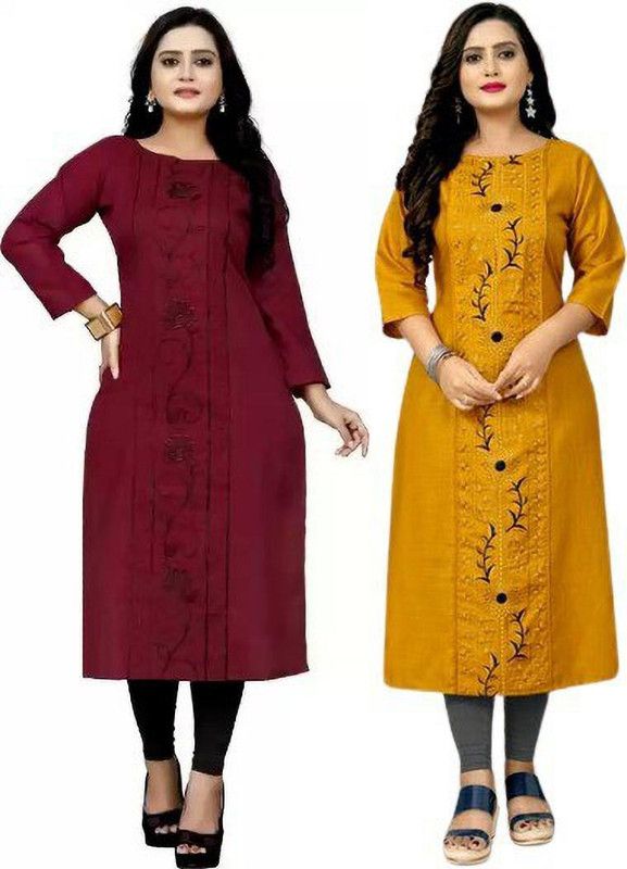 Pack of 2 Women Chikan Embroidery Cotton Blend Straight Kurta  (Maroon, Yellow)