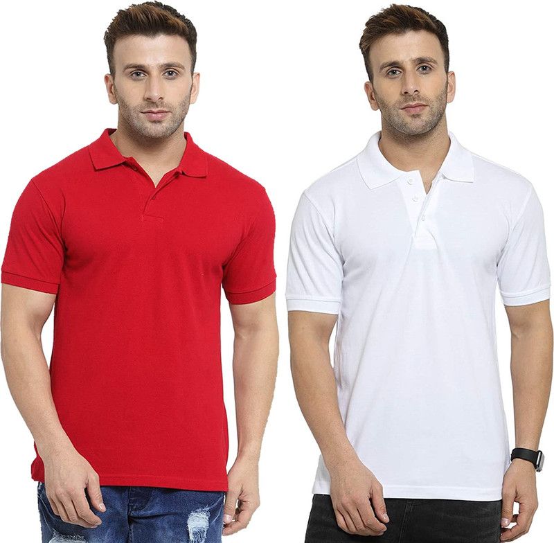 Pack of 2 Men Solid Polo Neck Poly Cotton Red, White T-Shirt