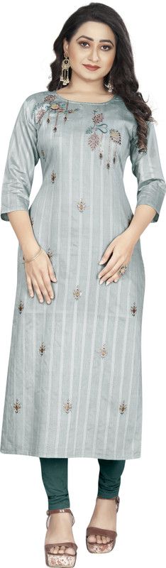 Women Embellished Nylon Straight Kurta  (Grey)