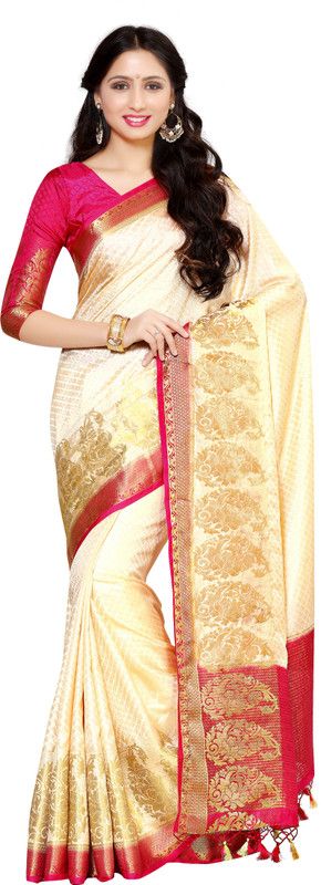 Woven Kanjivaram Art Silk Saree  (Pink, Beige)