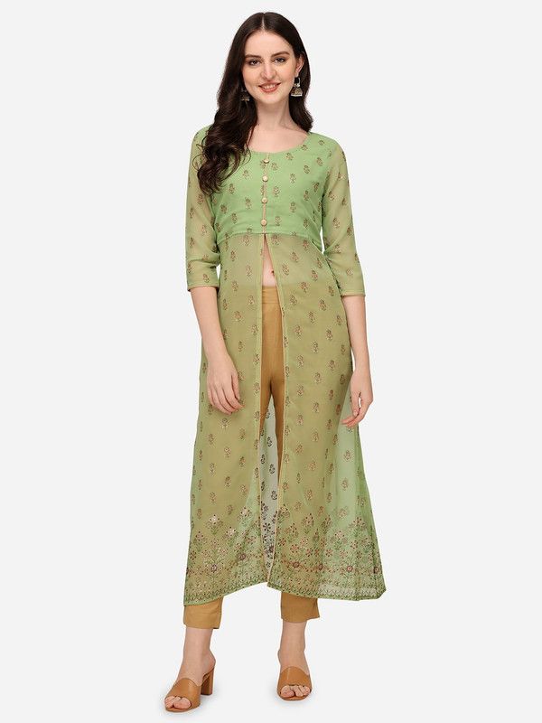 Women Printed Georgette, Crepe Frontslit Kurta  (Red)